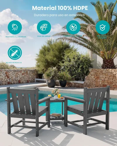 Miniatura 6 de SERWALL - Juego de muebles de patio de 3 piezas estilo bistró, juego de sillas Adirondack para todo clima con mesa auxiliar, juego de muebles de Gris