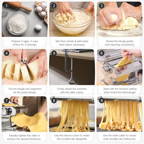 Miniatura 6 de ISILER Máquina para hacer pasta, 9 ajustes de grosor ajustables, máquina de pasta 2 en 1 con rodillos y cortador, fabricante de fideos para piel