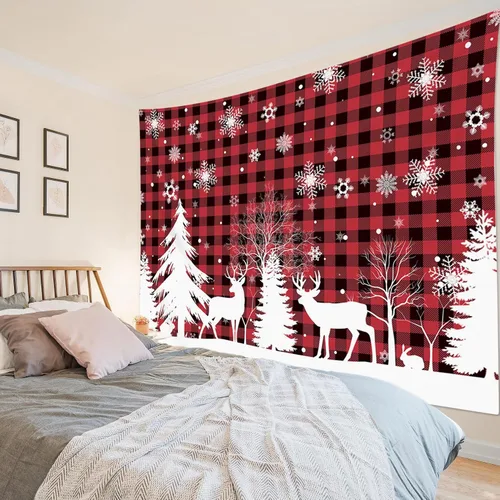 Miniatura 4 de HVEST Tapiz de nieve de invierno para colgar en la pared, diseño de ciervo y conejo blanco sobre fondo a cuadros rojos y negros, tapiz de copo
