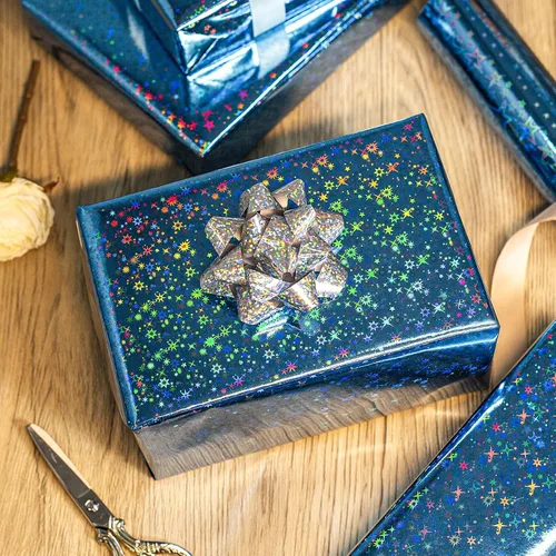 Miniatura 3 de Merture - Rollo de papel de regalo holográfico azul, papel de regalo azul con diseño de galaxia brillante para cumpleaños, baby shower, Navidad, día