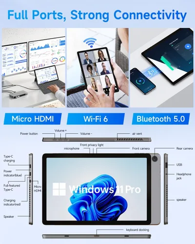 Miniatura 9 de Computadoras portátiles 2 en 1 de 11 pulgadas, PC con pantalla táctil Win 11 compatible con Twin Lake N150, 12GB RAM 256GB SSD, 1920x1200 IPS FHD