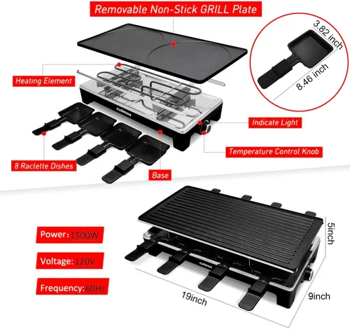 Miniatura 7 de Parrilla de Mesa Raclette, CUSIMAX Parrilla Eléctrica, Parrilla de Interior Parrilla Coreana BBQ con Placa Antiadherente Reversible 2 en 1, Máquina