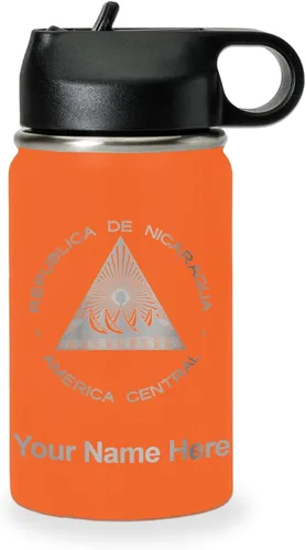 Miniatura 59 de LaserGram Botella de agua personalizada, bandera de Nicaragua, acero inoxidable de doble pared aislada al vacío con popote superior, regalo grabado