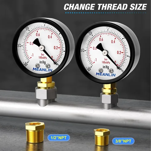 Miniatura 3 de MEANLIN MEASURE - Vacuómetro de vacío seco de -30inHG~0Psi, esfera con cara de 2 pulgadas, 1/4" NPT WOG para prueba de presión de agua, aceite