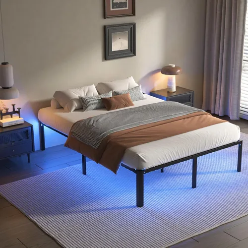 Miniatura 9 de DORITRON Base de cama individual con luces LED, plataforma de metal resistente de 14 pulgadas, tamaño individual con estación de carga, no necesita