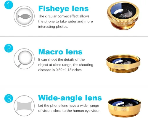 Miniatura 3 de Kit de lentes para cámara de celular 3 en 1, gran angular, macro, ojo de pez, universal para teléfonos inteligentes iPhone, Samsung, Android (Oro)