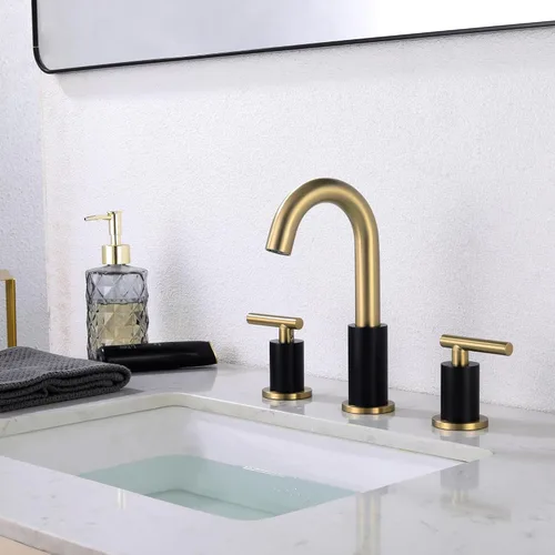 Miniatura 6 de ChiLDano Grifo de baño negro y dorado de 3 agujeros con desagüe emergente (con desbordamiento) y manguera de suministro, grifo de lavabo de baño