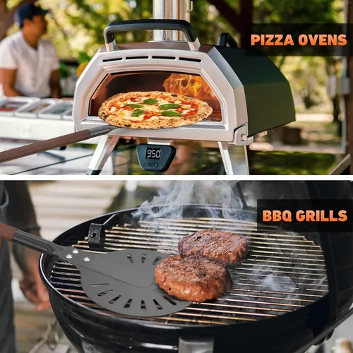 Miniatura 6 de Pala giratoria de pizza de aluminio perforado de 8 pulgadas con mango de madera, espátula de pizza de longitud ajustable 2 en 1, 48 pulgadas