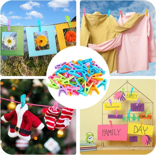 Miniatura 2 de 56 pinzas de plástico coloridas para ropa, 7 colores brillantes, pinzas para línea de secado de ropa, mini alfileres para ropa, manualidades, fotos