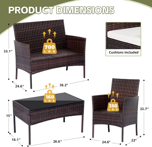 Miniatura 2 de Juego de muebles de patio de 4 piezas, muebles de ratán para exteriores con mesa de centro de vidrio templado, sillas modernas de ratán para patio