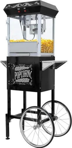 Máquina para hacer palomitas de maíz Nyddle con carrito y hervidor de 8 onzas, máquina de palomitas estilo vintage con ruedas con vidrio templado,