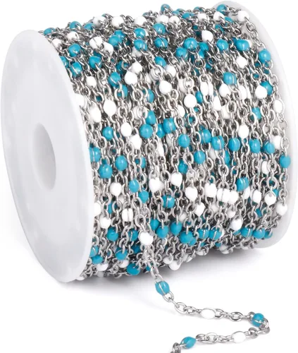 Miniatura 15 de Cadenas de esmalte dorado de 33 pies a granel, 2 mm, chapadas en oro de 18 quilates con PVD, acero inoxidable 304, cadena de eslabones con cuentas