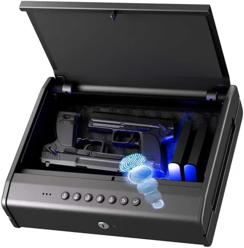 PINEWORLD Caja fuerte biométrica para pistola, caja fuerte para pistola con huella dactilar/teclado retroiluminado/llaves, caja fuerte de acceso