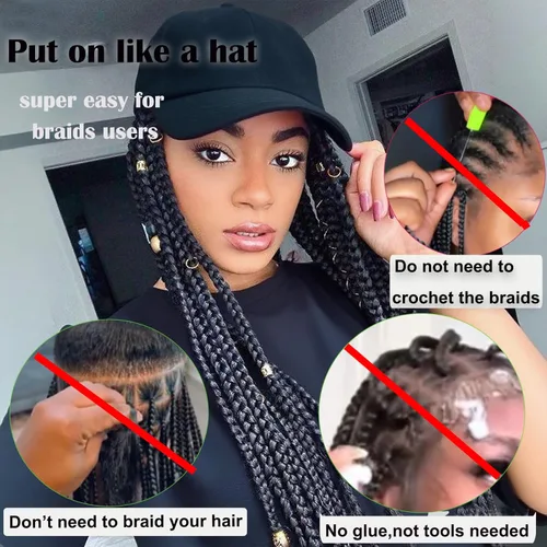 Miniatura 6 de Gorra con peluca para mujeres con gorra de béisbol y cabello trenzado adjunto, peluca de trenzas negras sintéticas, gorra ajustable con trenzas