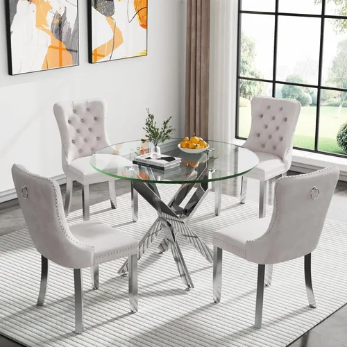 Miniatura 52 de Juego de 4 mesas de comedor de cristal para 4, juego de 4 mesas y sillas de cocina modernas, juego de mesa de comedor de cocina de 5 piezas con mesa