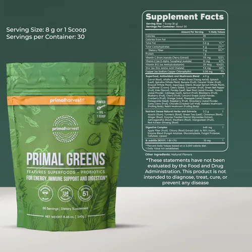 Miniatura 2 de Polvo de SuperVerdes Primal Harvest, 30 porciones con +50 Superalimentos de verduras, clorella, probióticos, té verde, hierba de trigo, kale
