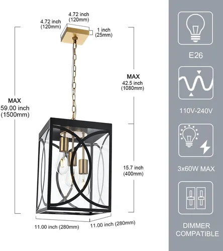 Miniatura 4 de Lámparas colgantes para exteriores, moderna linterna colgante exterior de 3 luces, panel de cristal transparente, candelabro grande negro