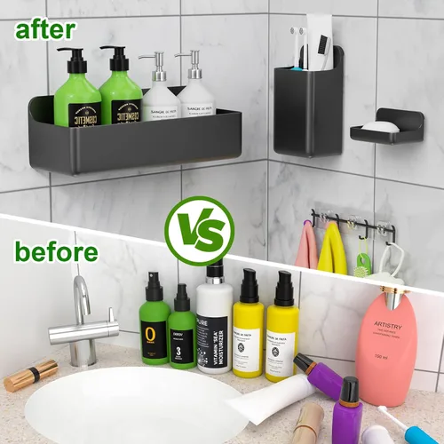 Miniatura 5 de Paquete de 6 estantes de ducha adhesivos inoxidables para ducha interior, sin perforaciones, organizador de baño y almacenamiento grande con soporte