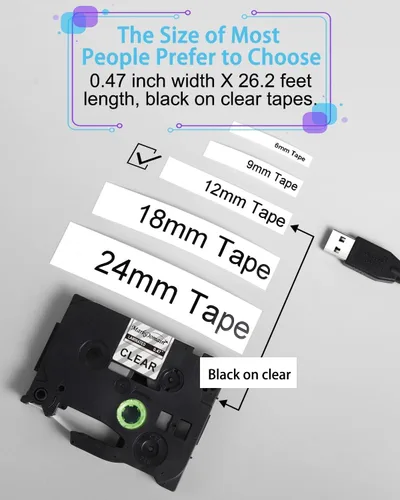 Miniatura 5 de Paquete de 6 cintas TZe TZ de 0.472 in 0.47 pulgadas de cinta transparente laminada compatible con 0.472 in 0.47 TZ-131 P Touch negro sobre