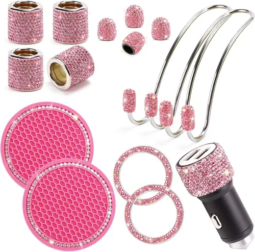 Miniatura 12 de ToBeQueen Juego de accesorios de automóvil con brillos para mujer y niña, collares para reposacabezas de automóvil con brillos, cargador
