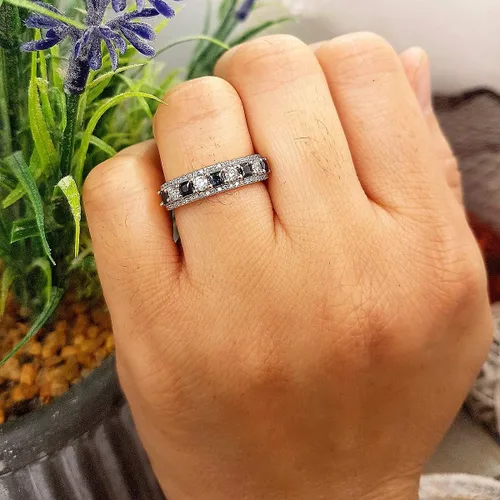 Miniatura 8 de Dazzlingrock Collection Anillo de boda de 9 piedras de zafiro azul princesa y diamante blanco redondo de 0.098 in cada uno en oro de 14 quilates