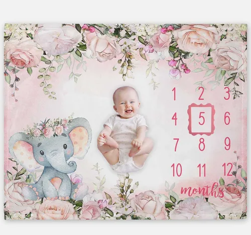 Yuzioey - Manta mensual de hitos para bebé, manta de mes de elefante floral para baby shower, manta de flores de elefante rosa, manta mensual de