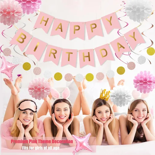Miniatura 2 de Decoraciones de cumpleaños de oro rosa para mujeres y niñas, decoraciones de fiesta rosa, pancarta de feliz cumpleaños, 6 flores de tejido
