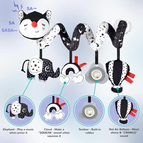 Miniatura 2 de XIXILAND Juguetes de Coche Musicales para Asiento de Bebé en Negro y Blanco, Juguetes para Bebés, Juguetes para Niños de 0 a 6 Meses, Juguetes