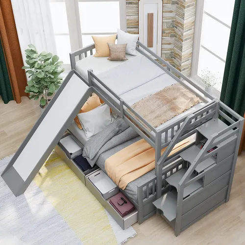 Miniatura 3 de DNYN Cama alta de tamaño matrimonial con escritorio, estantes y escalera para niños y adultos, marco de cama de madera maciza, cama alta