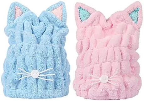 OrangeTag 2 toallas ultra absorbentes de secado rápido para el cabello, turbante de microfibra para el cabello, lindo gorro de orejas de gatito,