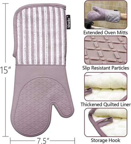 Miniatura 3 de Alselo Guantes de horno de silicona resistentes al calor 932℉ con impermeables y antideslizamiento, juego de 2 guantes de horno extra largos