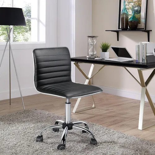 Miniatura 8 de Topeakmart Silla de trabajo con respaldo medio, respaldo bajo, de cuero, giratoria, para oficina, computadora, escritorio, retro, sin brazos, Negro