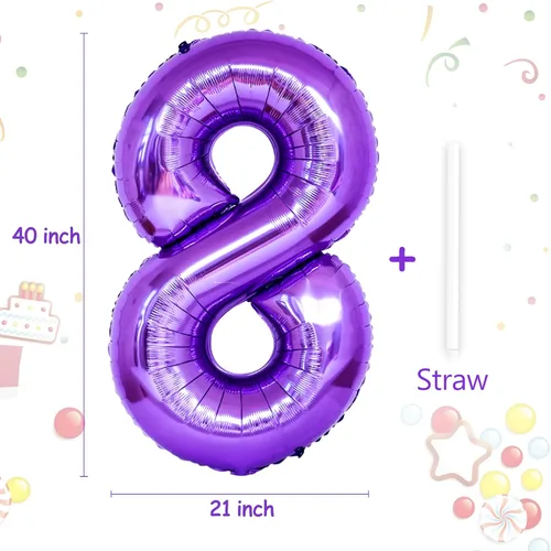 Miniatura 2 de Globo morado de 40 pulgadas con el número 8, globos de helio de Mylar de gran tamaño para fiesta de cumpleaños, boda, aniversario, despedida