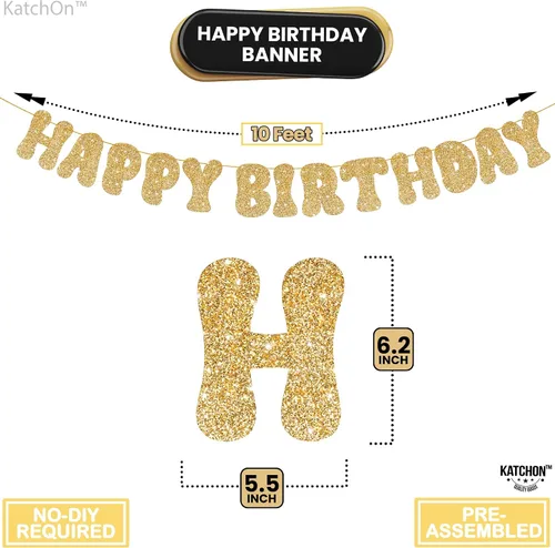 Miniatura 2 de KatchOn, Cartel de feliz cumpleaños dorado con purpurina – Pre-encordado, 10 pies Cartel dorado de feliz cumpleaños para niñas y niños Cartel