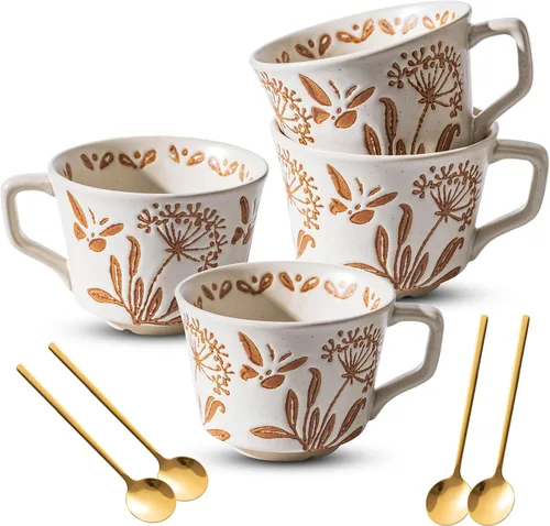 Miniatura 8 de Juego de 4 tazas de café con cuchara dorada, taza de cerámica pintada a mano de estilo antiguo de 11 onzas para hombres y mujeres, regalos únicos