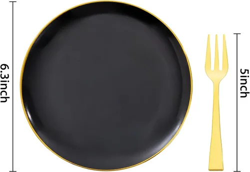 Miniatura 2 de Festiva 200 Piezas Platos de Postre Negro y Dorado de 6.3" con Tenedores de Plástico de 5"- Platos Desechables Pequeños- Platos de Plástico