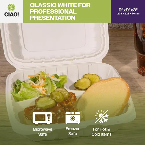 Miniatura 6 de CIAO! Contenedor blanco con bisagras MFPP de 9"x9"x3" con tapa 1 compartimento (caja de 150)