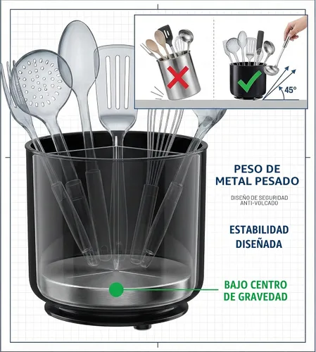 Miniatura 7 de Cooler Kitchen Portautensilios Jumbo Extra Grande Resistente Giratorio Negro con Base Pesada Antivuelco e Inserto con Agarre - A Prueba de Óxido