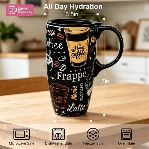 Miniatura 7 de Topadorn Taza de viaje de cerámica con asa, taza de café de cerámica, taza de té latte, caja de colores, 17 onzas, tapa resistente a salpicaduras