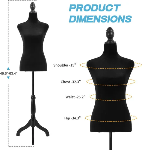 Miniatura 3 de BLKMTY Maniquí femenino con forma de torso, maniquí de costura, altura del cuerpo, ajustable, modelo de vestido con base de trípode, para costura