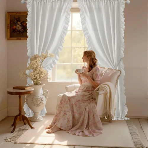 Miniatura 6 de StangH Cortinas blancas románticas victorianas con volantes, cortinas de filtro de luz que protegen la privacidad, seda sintética, ideal