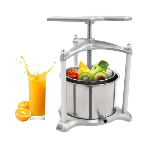 Máquina manual de prensa de vino de frutas con mango en T y bolsa de filtro, molinillo de sidra de frutas de estructura triangular con barriles de