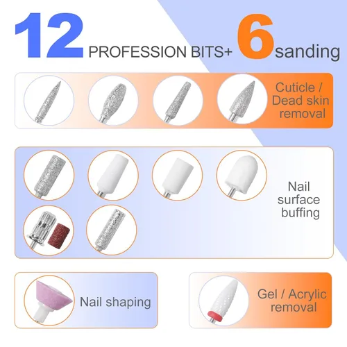 Miniatura 6 de Kit de taladro de uñas MEKK, taladro eléctrico profesional de 35000 RPM con 12 piezas de brocas, lima de uñas eléctrica anti-sacudida sin cable