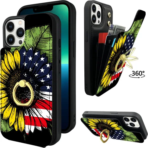 Miniatura 9 de Funda tipo cartera compatible con iPhone 13 Pro con soporte para tarjetas, rotación de 360°, soporte de anillo de dedo con función atril, bloqueo