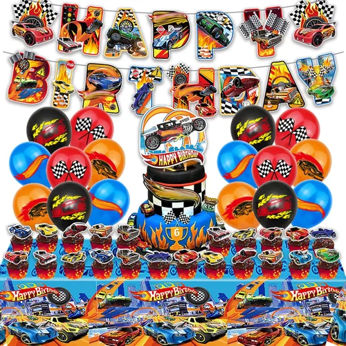 Decoraciones de fiesta temática de autos calientes, suministros para fiesta de cumpleaños con volante de carreras, incluye pancarta de feliz