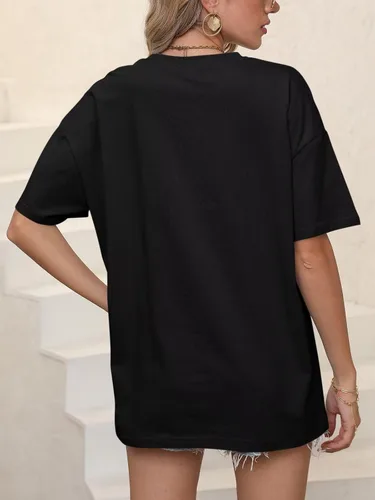Miniatura 5 de Camisetas casuales de manga corta para mujer, cuello en V, manga enrollada, holgada, con abertura lateral