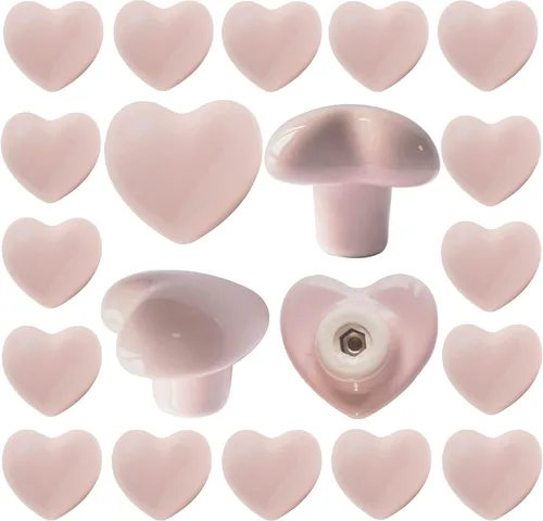 Miniatura 20 de Pomos de cerámica para cajones en forma de corazón, tiradores de armario con tornillos de 3 tamaños, pomos para muebles de cocina para armario, Rosa