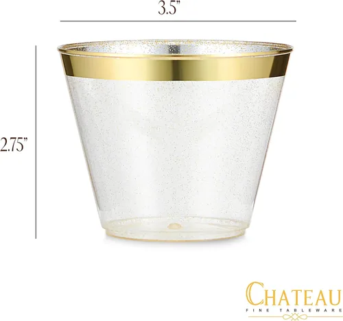 Miniatura 3 de Paquete de 100 vasos de plástico de 9 onzas con purpurina dorada con borde dorado, tazas de fiesta de alta calidad, elegantes y resistentes, bodas