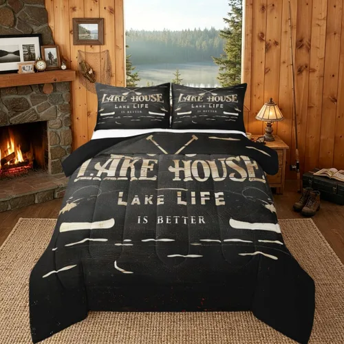 Miniatura 17 de Juego de ropa de cama King para casa del lago, juego de edredón de paleta de madera retro para regalos para amantes del lago, inserto de edredón