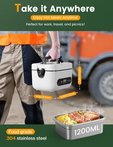Miniatura 2 de Fiambrera eléctrica inalámbrica, 1.2 L, alimentada por batería, 100 W, 24000 mAh, recargable, portátil, calentador de alimentos autocalentable